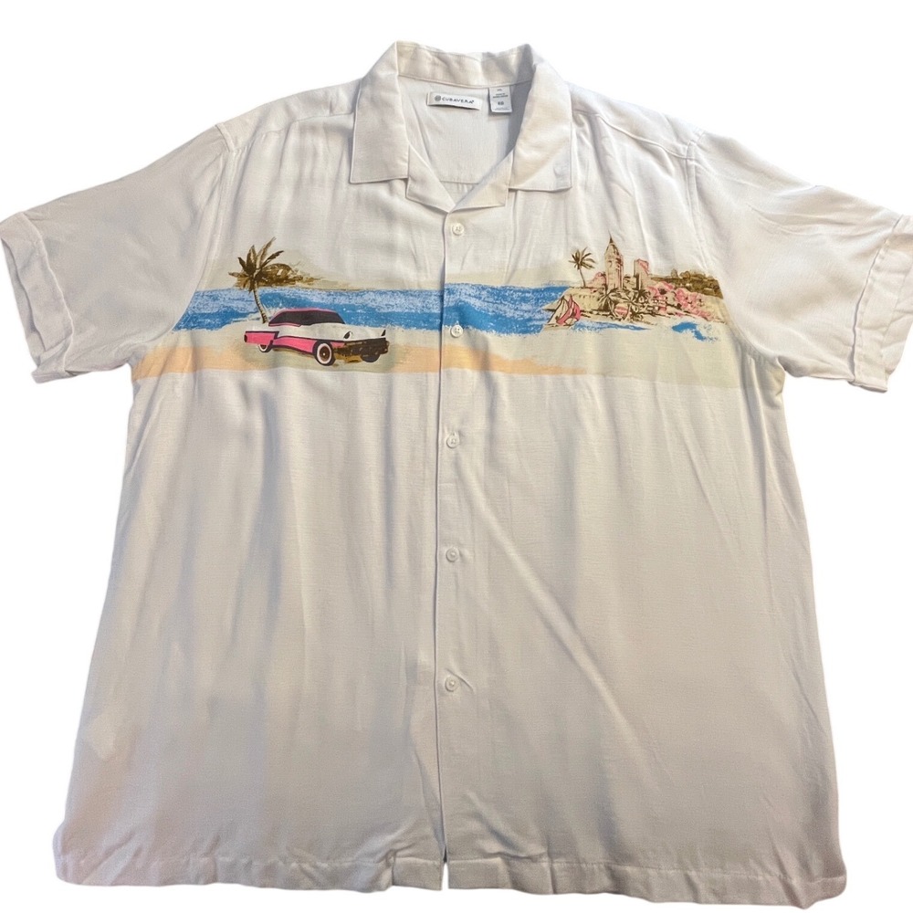 Cubavera Mens XL Short Sleeve Button Up Shirt Brilliant White Beach Vintage‎ Car